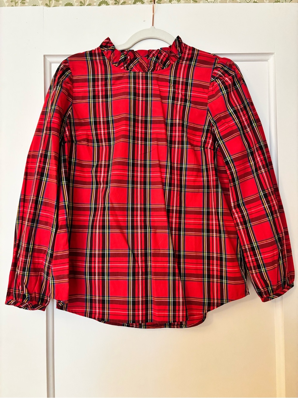 Women’s small J.Crew Red holiday Plaid Ruffle Neck Long-Sleeve Top